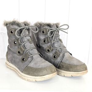 Sorel Explorer Joan Boots Women's Size 8 Gray Suede Waterproof with Faux Fur